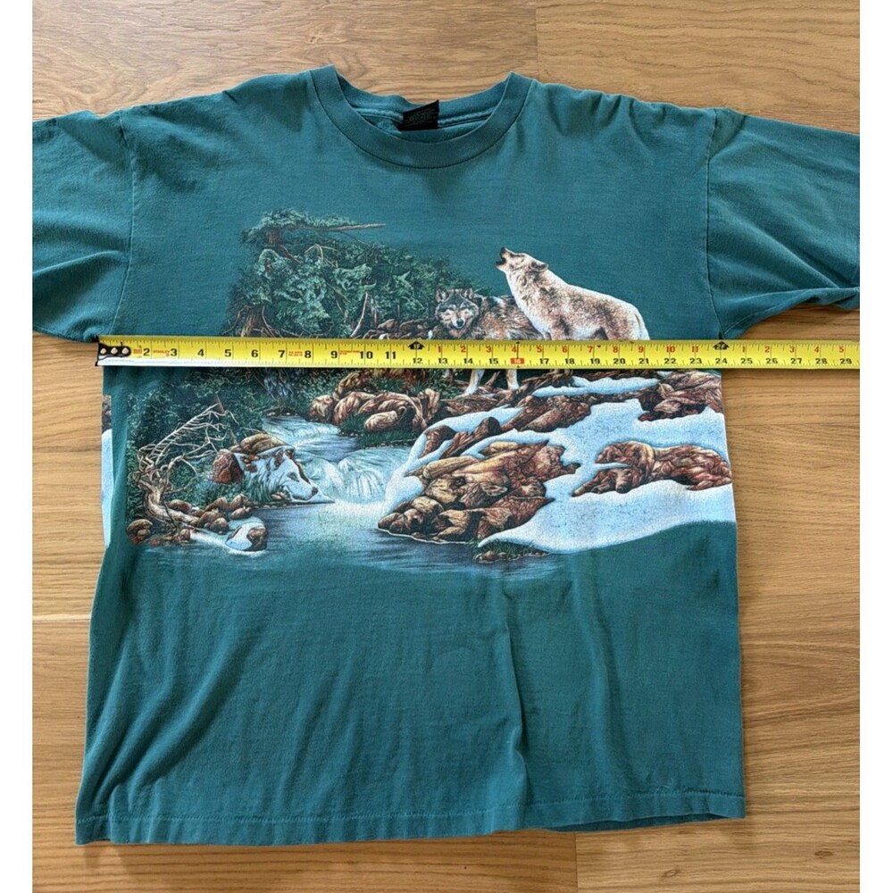 Vtg 90s Wolf Double Sided Graphic Single Stitch Green XL 100% Cotton T Shirt USA - Picture 13 of 16